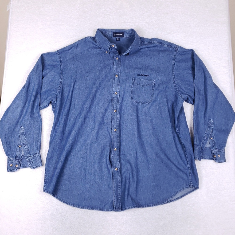 Boeing Mens 3XL Denim Button Down Shirt Blue Long Sleeve Cotton Logo Workwear